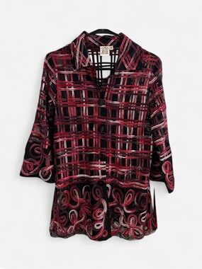 Parsley & Sage Sheer Button Front Tunic Blouse with Ombré Plaid + Swirl Design